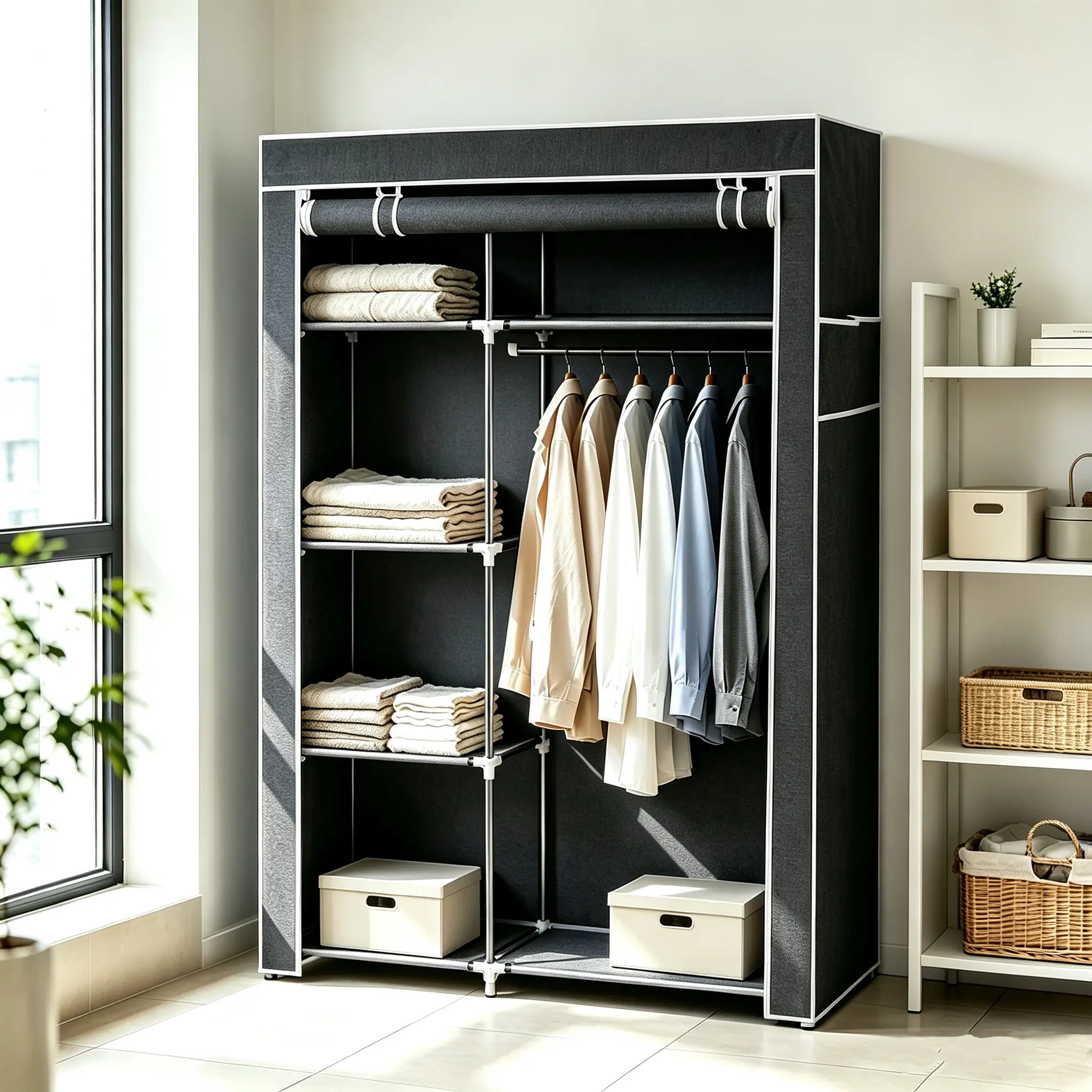 Gray 64" Portable Closet Storage Organizer Wardrobe, Bedroom Furniture Clothes Rack with Shelves