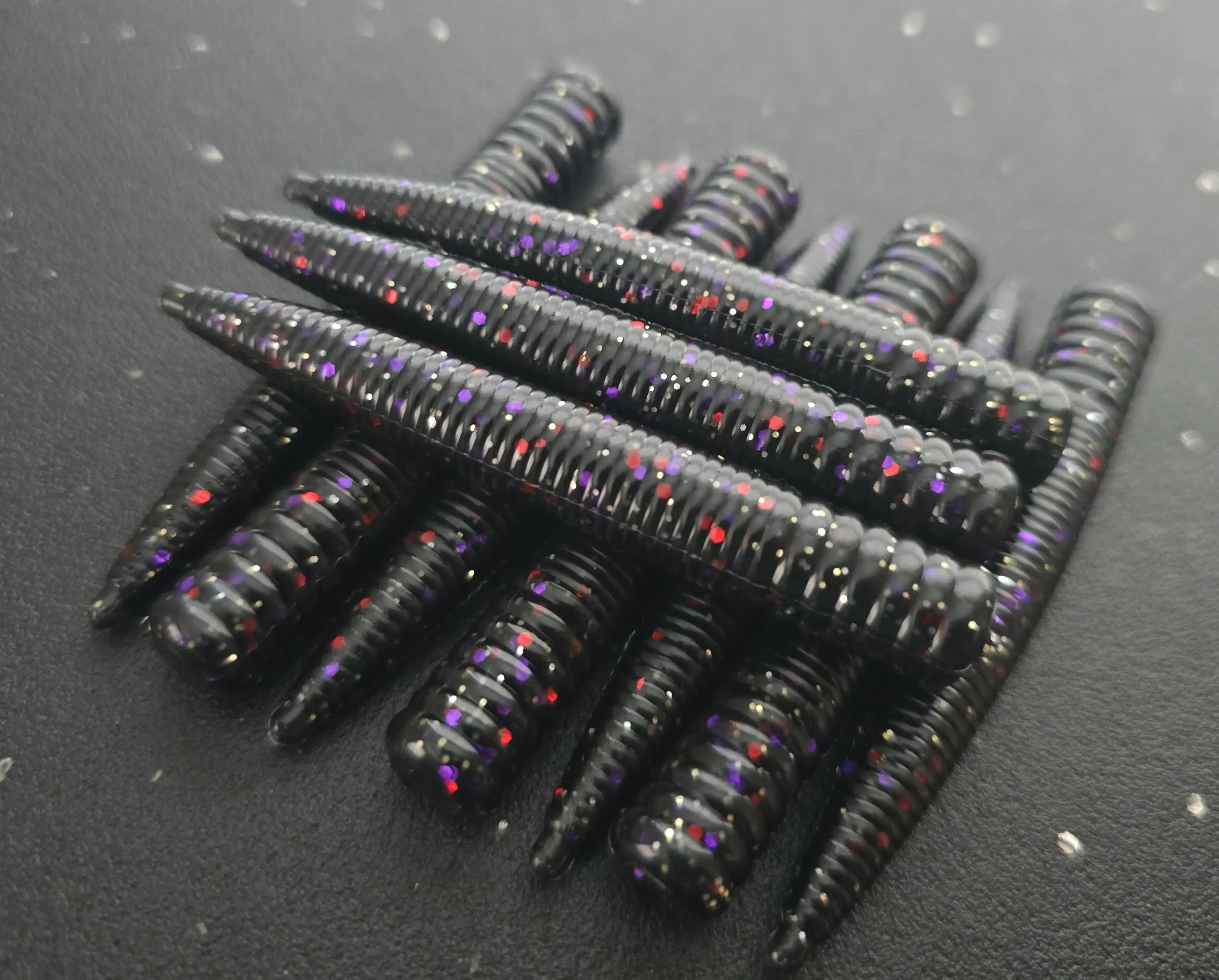 Sapper Baits 3" Covert Ned Worm- Full Battle Rattle- Black with Purple, Red, Gold, Silver Flake