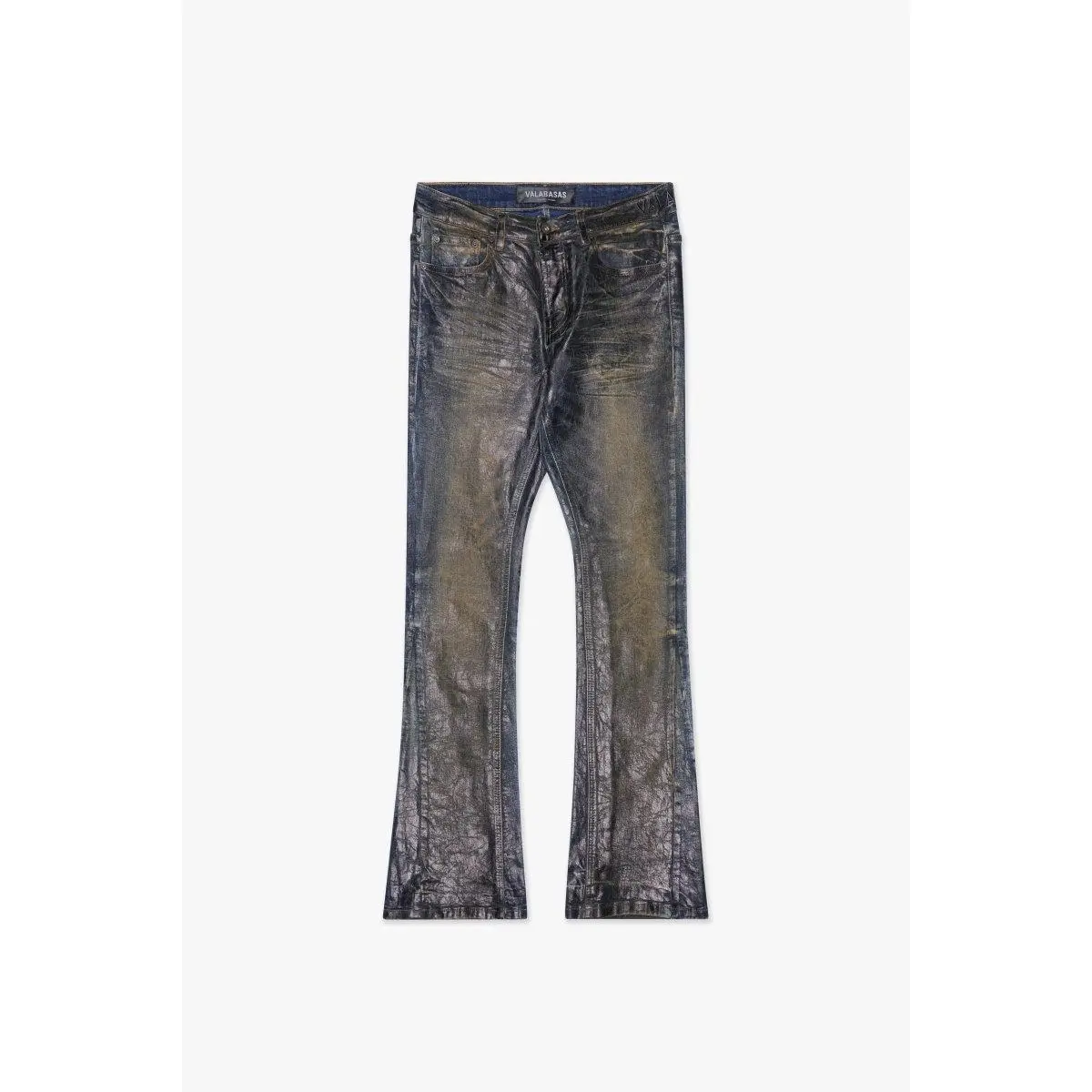 Men's Retro Dark Waxed Cotton Denim Stacked Flared Jeans - Spandex-Blended Stretch Menswear Pants, Streetwear Style, Retro Tone, Vintage Finish, Hand-Applied Yellow Fade, Smooth Embroidery, Gradient Design, Whiskered Detailing, Cold Wash, Worn Texture, Da