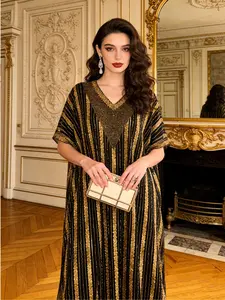 New Muslim Women's Kaftan, Elegant Sequin Mesh Abaya, Batwing Sleeve Cape, V Neck, Spring Summer Fall Evening Dress, Arabic Jellabiya, Moroccan Kaftan