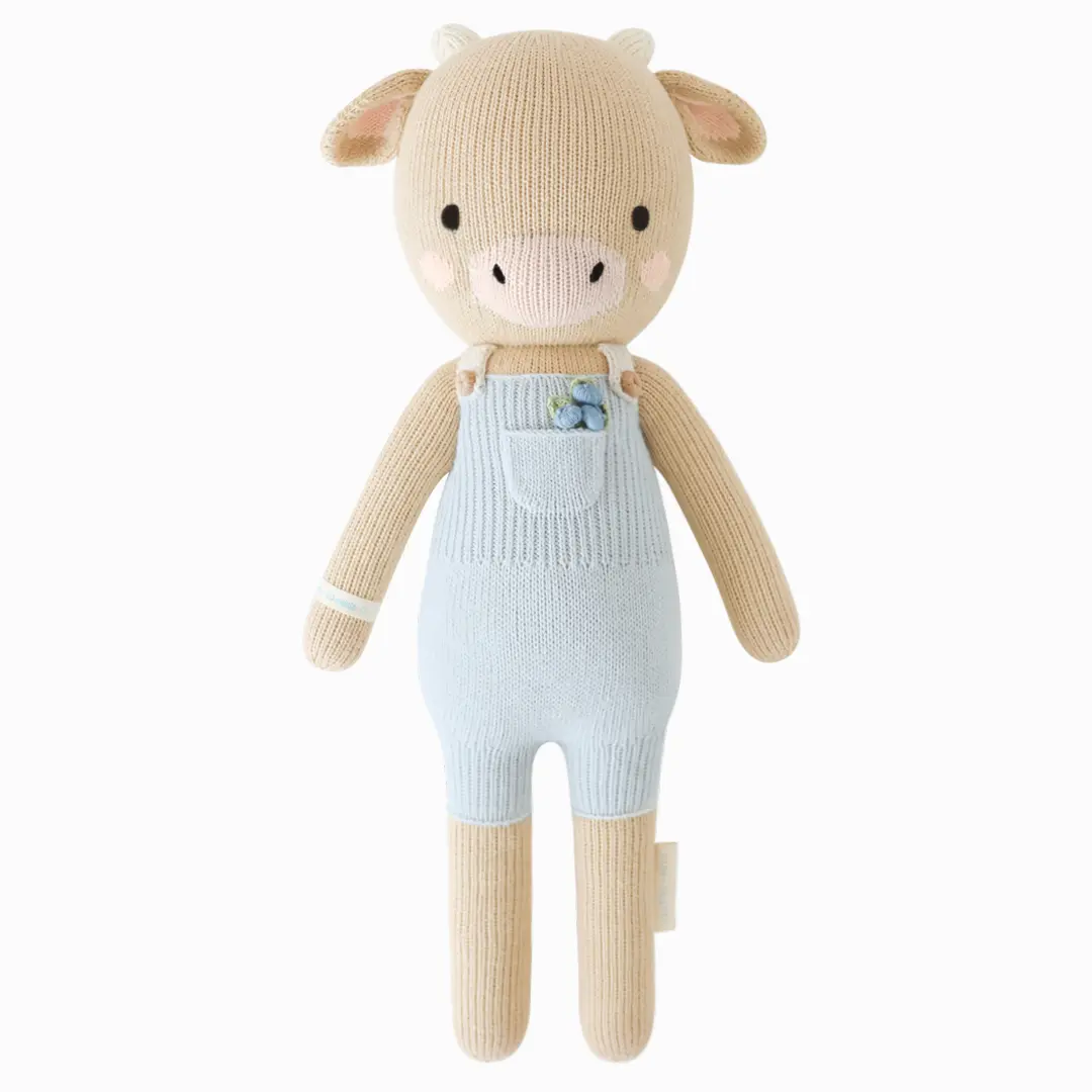 cuddle+kind Asher the cow 13" hand-knit doll - 1 doll = 10 meals, fair trade, heirloom quality, handcrafted in Peru, 100% cotton yarn