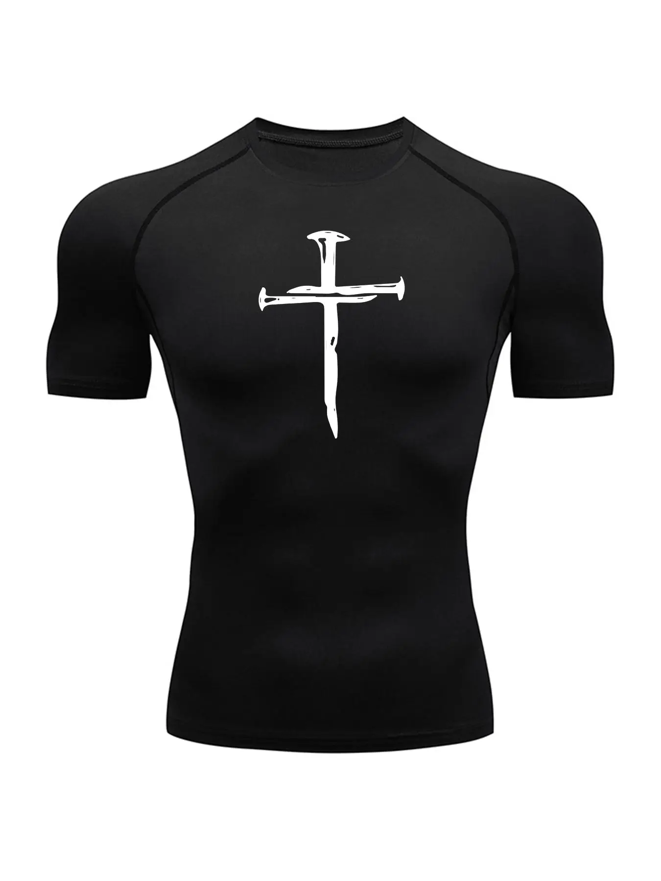 Men's Nails Cross Print Raglan Sleeve Sports Tee, Quick Drying Breathable Short Sleeve Crew Neck T-shirt, Casual Summer Sporty Top for Gym Workout Ru