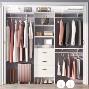 Cyclysio Closet System, 8FT Closet Organizer System with 3 Wooden Drawers, 96'' Walk-in Closet with 3 Hanging Rods & 3 Shelf Tower