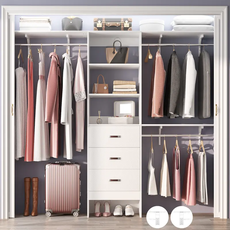 Cyclysio Closet System, 8FT Closet Organizer System with 3 Wooden Drawers, 96'' Walk-in Closet with 3 Hanging Rods & 3 Shelf Tower