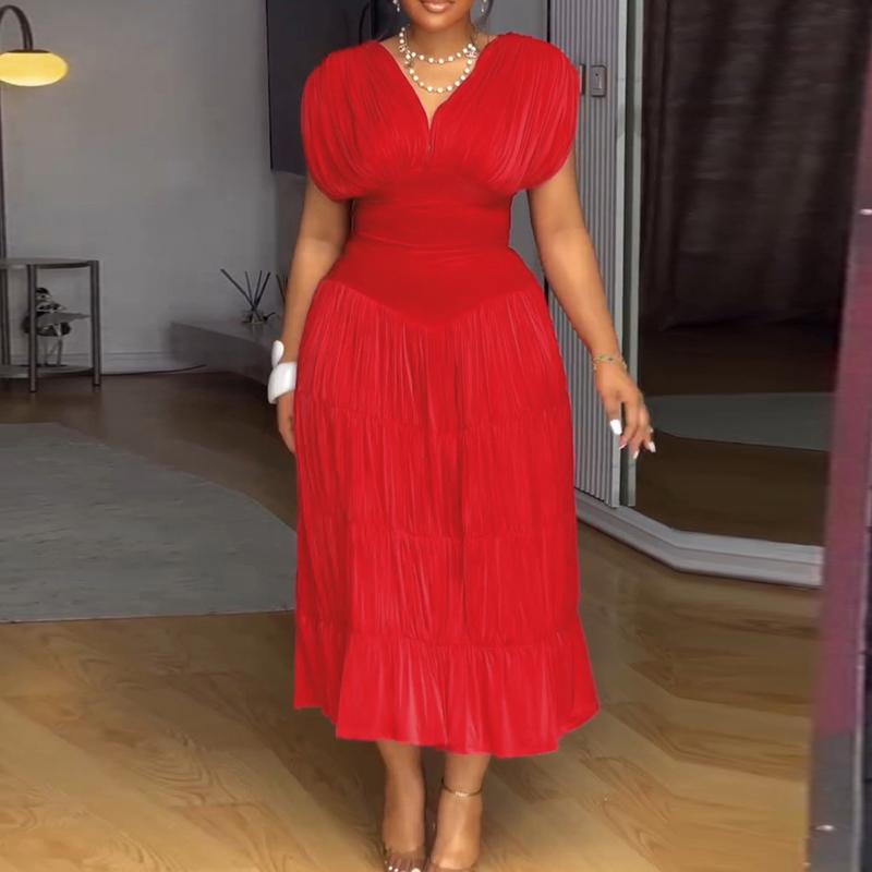 ChicMe Textured V Neck Sleeveless Valentine's Day Ruched Ruffles Hem Dress Casual Waist A Line Party Midi Dress for Wedding & Wedding Guest