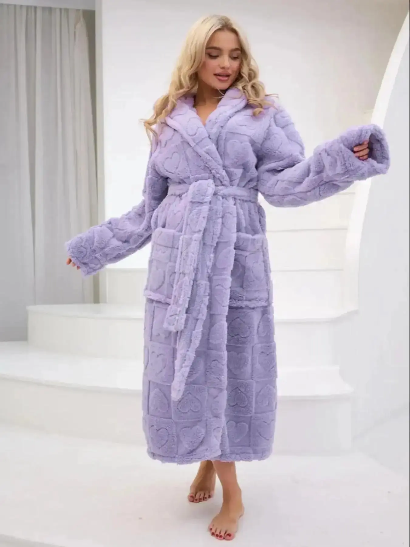 Women's Coral Fleece Heart Bathrobe, Womenswear Hooded Long Sleeve Sleepwear, Warm Thick Padded Robe with Belt & Dual Pockets, Loungewear, Lady Party Dress Sleeveless Comfortable Fit Chic Style Denim Shorts All Season