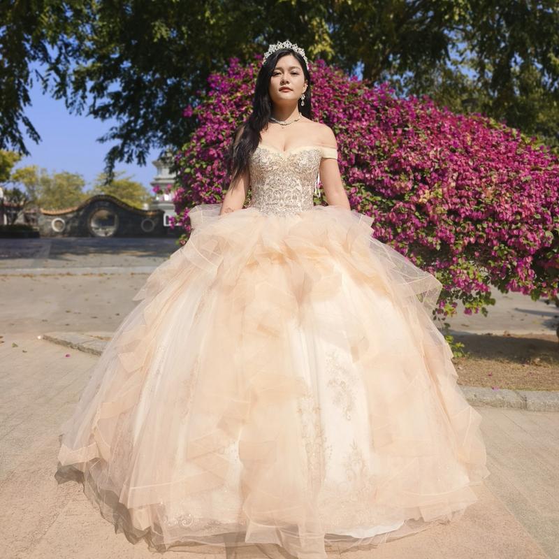 NO.27 Sequined Patterned Glitter Net Quinceañera Dress with Tulle Flounces Design On Skirt L.blue Blush Champagne Ball Gown Dress