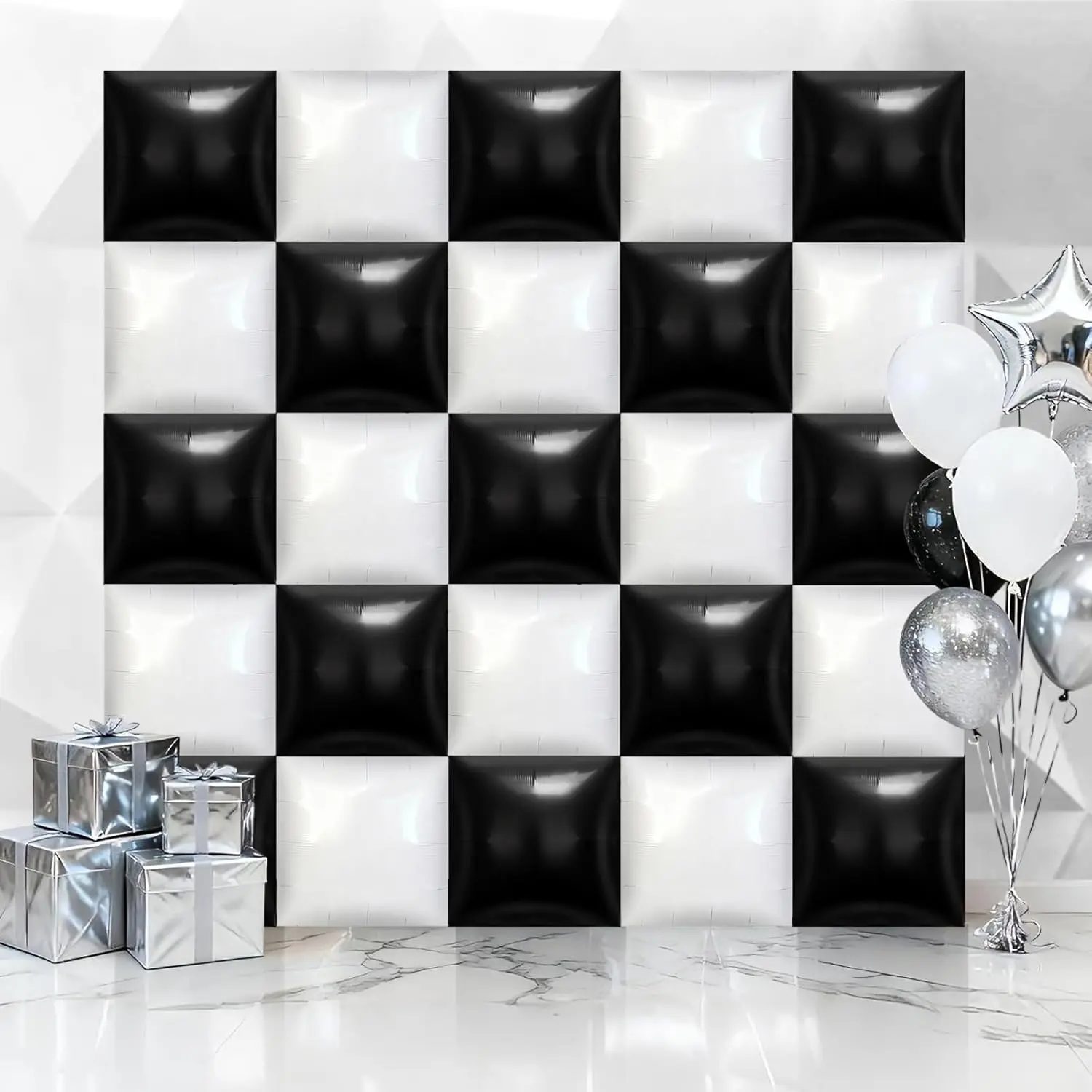 25 Pcs Square Balloons, Metallic Square Foil Balloons Wall Backdrop, Double Sided Mylar Balloons Tunnel Arch Kit for Anniversary Wedding Birthday Shower Party Decorations (Black and White)