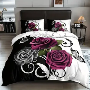 3PCS Rose Butterfly Flower Duvet Set (1 Duvet Cover + 2 Pillowcases Excluding Quilt Core Pillow Core), Home Dormitory HD Printing