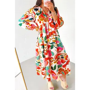 Orange Abstract Tie V Neck Tiered Maxi Dress