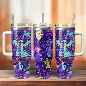 PKM Dark Ghost Type Stainless Anime Steel Tumbler 40oz Fan Bow Cup with Handle Soda Lover Insulated Travel Mug Gift For Her