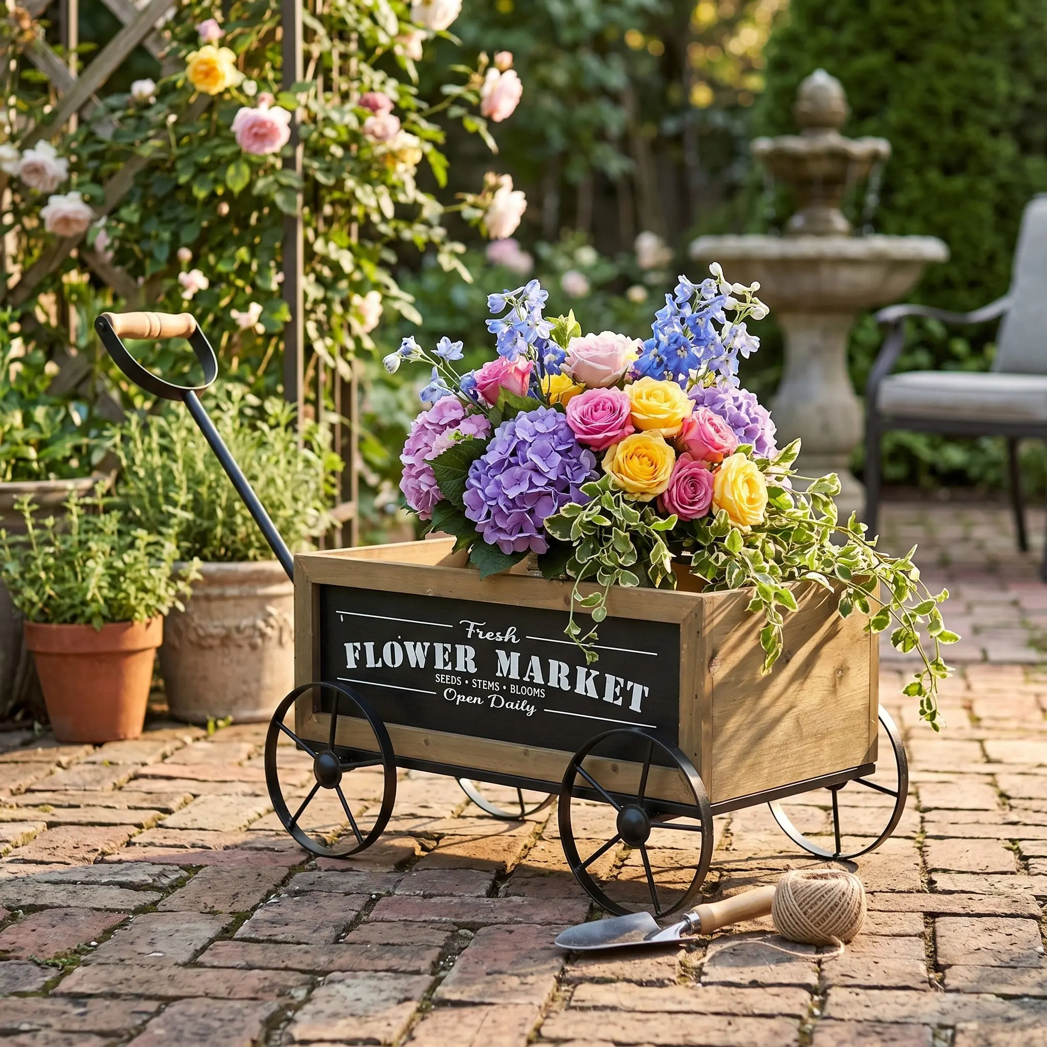 16.5x9.5x8' Rustic Wooden Wagon Planter with Black Iron Wheels and Handle