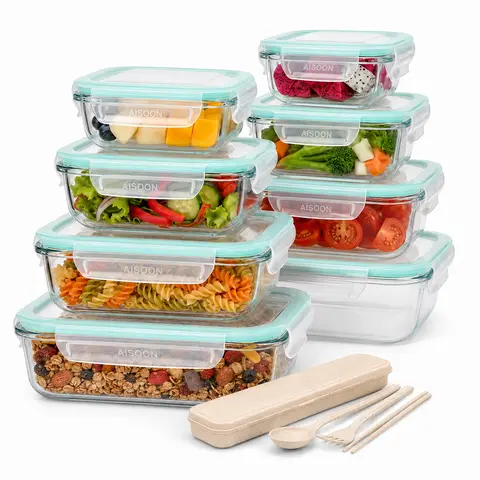 [AISOON Free Gift] 8-Pack Rectangular Borosilicate Glass Food Storage Containers Set (8 Containers + 1 Reusable Utensil) - Stackable Airtight BPA-Free Kitchenware, Healthy Eating Solutions, Oven-Microwave-Freezer-Dishwasher Safe