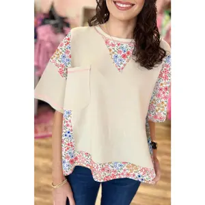 Beige Floral Patchwork Chest Pocket Wide Sleeve Waffle Top