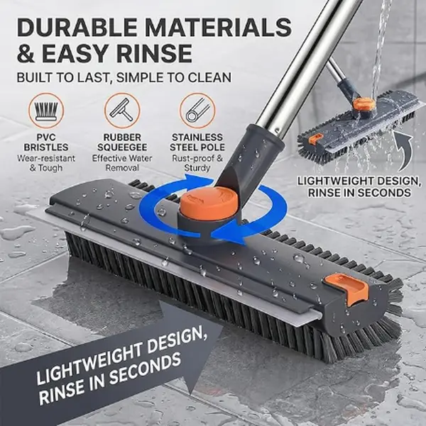 Stainless Steel Multifunctional Cleaning Squeegee Brush with 16"-52" Handle, Rotatable Silicone Head, Stiff Bristles, TPR Components, No Bending Needed, Bathroom Tile Corner & Floor Cleaner for Dirt & Water Management, With Handle, 16" To 52" Handle