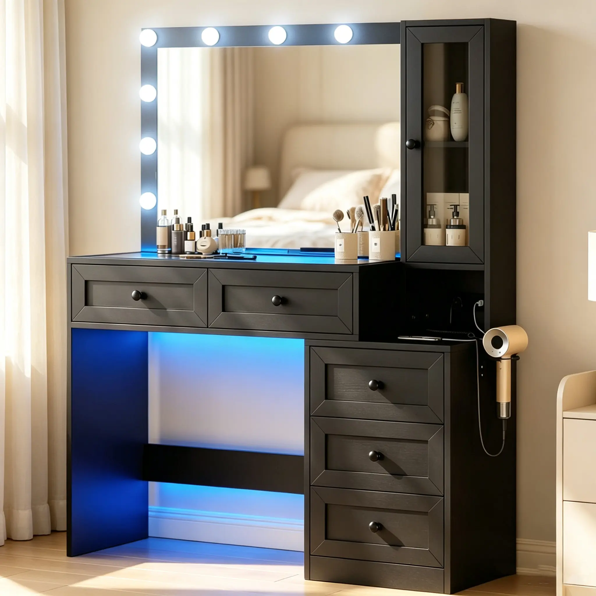 Makeup Vanity Desk with Mirror and Lights, 43.3" Makeup Vanity with Lights & Charging Station, Dressing Table Vanity Set for Bedroom, White Vanity Table with 5 Drawers modern corner large storage led-lit