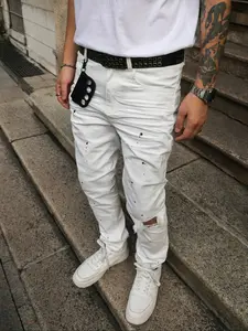 Men's White Ripped Jeans for All Seasons, Trendy and Versatile Rock American Streetwear, Elastic Slim Fit Straight Denim Pants
