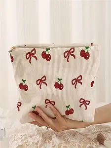 Fashion Cherry Bow Print Corduroy Makeup Bag, Lightweight Multifunctional Cosmetic Storage Pouch, Lined Travel Essential