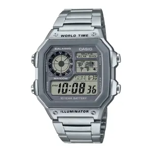 Casio Men's Multi-Function Digital World Time Watch with Stainless Steel Band - AE-1200WHD-7A