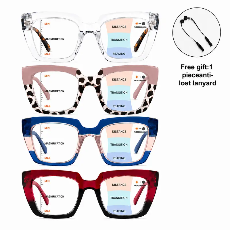 ViewSelect Progressive Multifocal Photochromic Non-Prescription Glasses, 3-in-1 Far Mid Near Vision Accessory, Chic Flattering Square Frame, Glasses for Women, Free Anti-Lost Lanyard Included, Accessory Non-Prescription Glasses