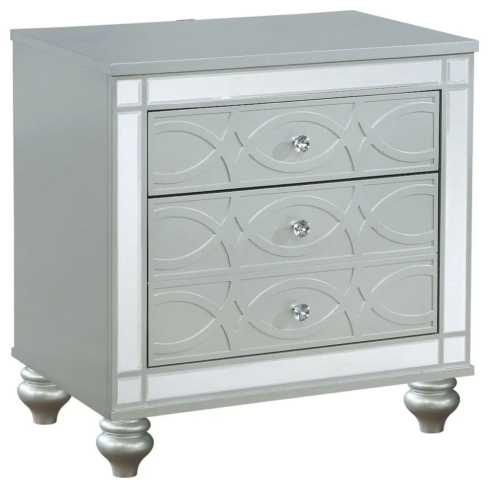 Gunnison 2-Drawer Silver Nightstand with Glamorous Metallic Finish, USB Ports, Bun ft, Classic Design for Modern Bedroom, Transitional Indoor Furniture Table
