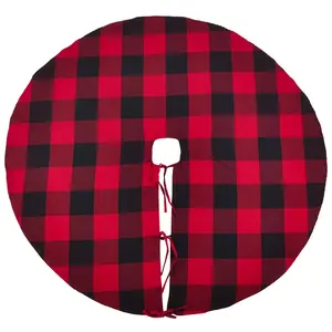 SARO  53 in. Round Buffalo Plaid Design Decorative Cotton Christmas Tree Skirt Red