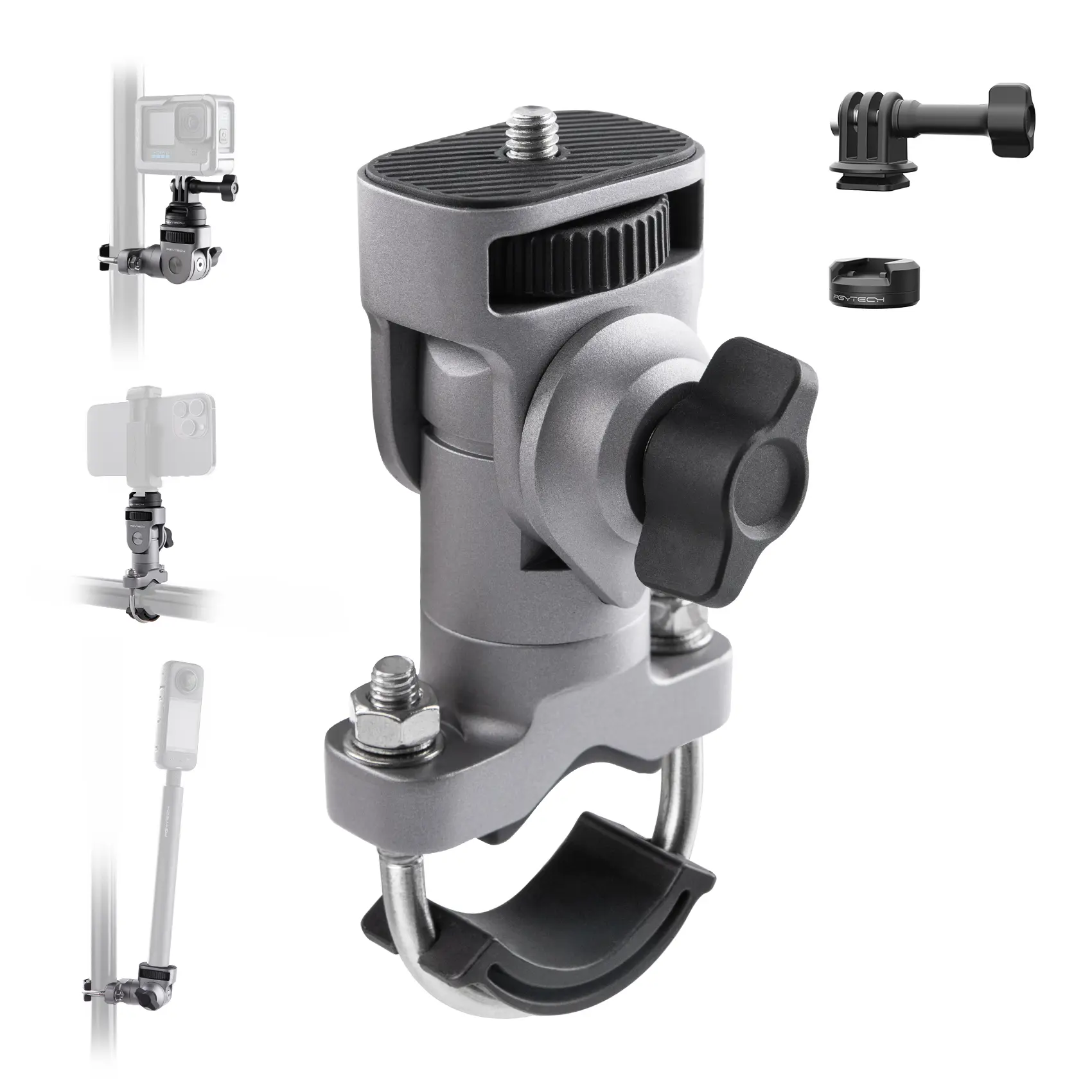 PGYTECH CapLock U-Bolt Mount Aluminum Alloy Bracket Rotating Stand for Insta360 Ace Pro 2/X4/X3, 2 Cushion Block Motorcycle Bike Mount, 1/4" Thread for Gopro/Osmo
