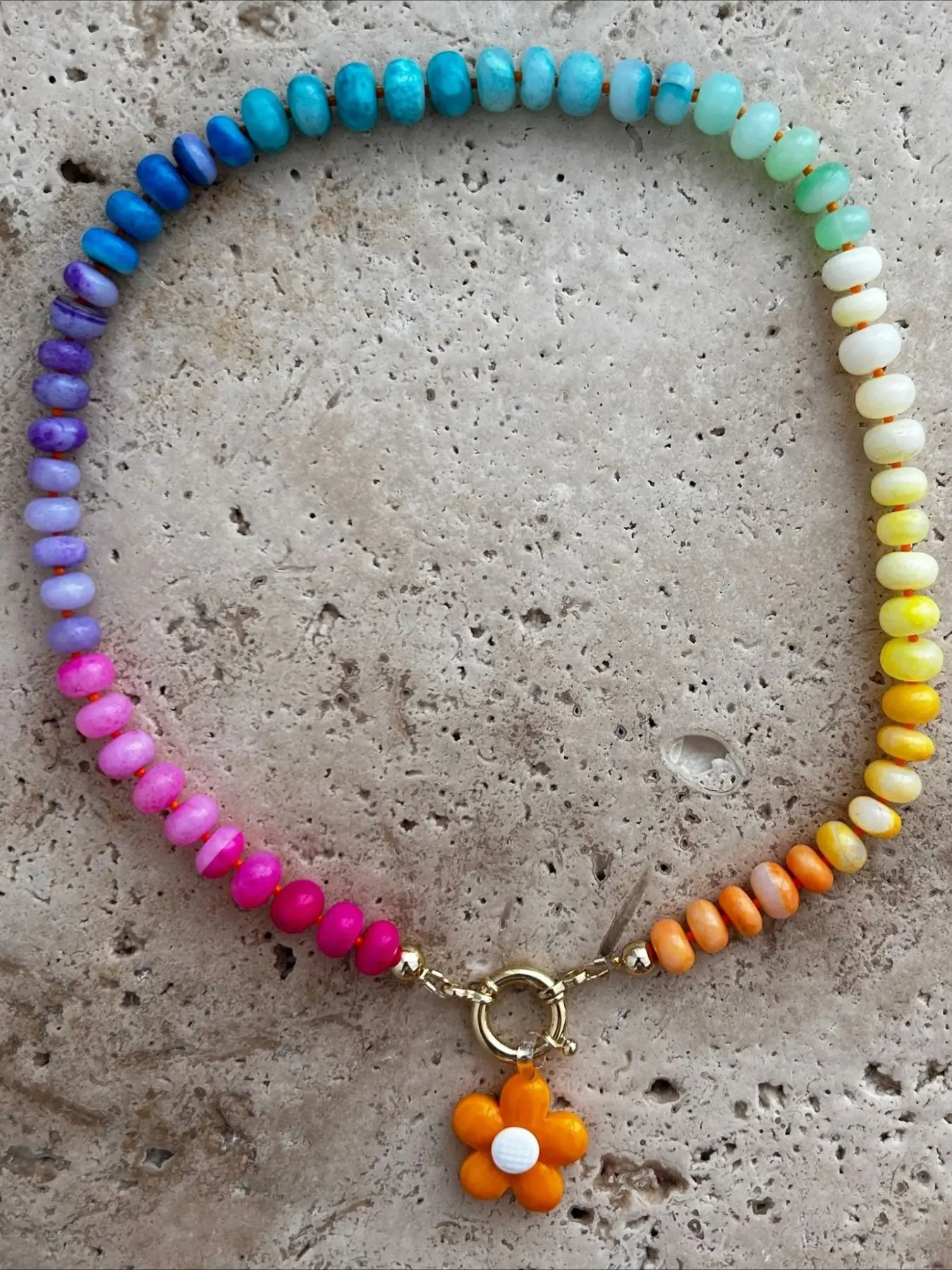 CYL&RY Boho Rainbow Stone Beaded Necklace, Layerable Colorful Choker with Flower Pendant, Versatile Jewelry for Summer Vacations, Beach Trips, Festivals and Boho Styling, Dainty Layering Jewelry, Adjustable Beaded Design, Glass Bead Necklace