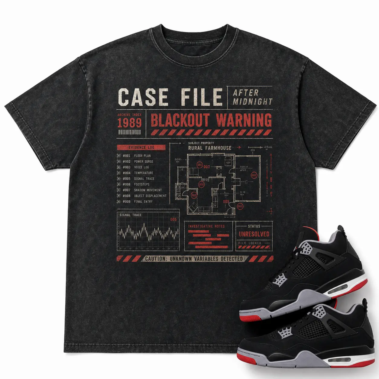 Matching Wash T-Shirt for Jordan 4 "Bred" - Rule Card 31 Heat Code Dark Wash Tee