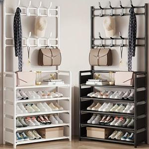 Coat Rack Shoe Rack With Storage Shelf Freestanding with 8 Hooks for Entryway Bedroom Closet 5 Tier Black Modern Design