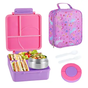 Bento Lunch Box Set for Kids with 8oz Soup Thermo, Leak-Proof 4 Compartment Containers, Insulated Lunch Bag for School