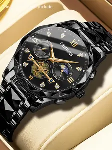A men's black steel strap business style multifunctional moon phase leisure quartz wristwatch Quartz Analog Watch
