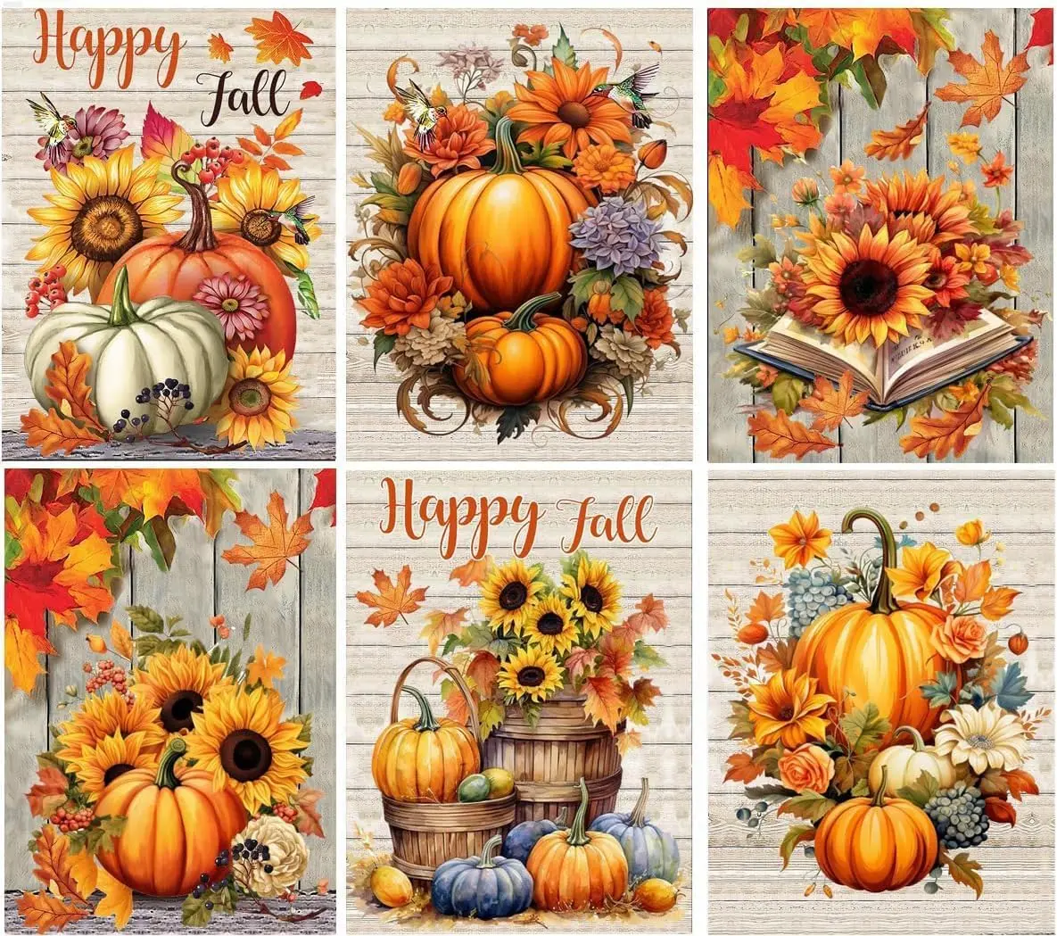 5D Full Drill Diamond Painting, 6-Piece Fall Harvest Bundle Pumpkins Sunflowers Maple Leaves Floral "Happy Fall" Thanksgiving Rustic Farmhouse Wall Decor