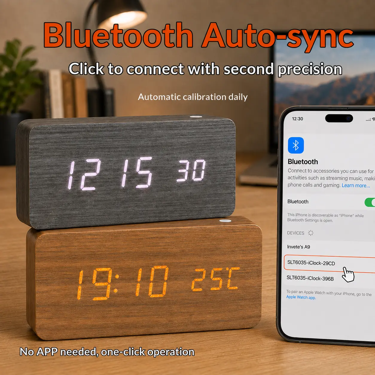 Bluetooth Auto-sync Time Wooden LED Digital Clock LED Alarm Clock, No need to Manually Set Voice Control Digital Sleep Trainer Electronic Desktop Smart Clocks & USB Power Supply Multi-Function Convenient Textured Decoration for Bedrooms  ﻿  ﻿