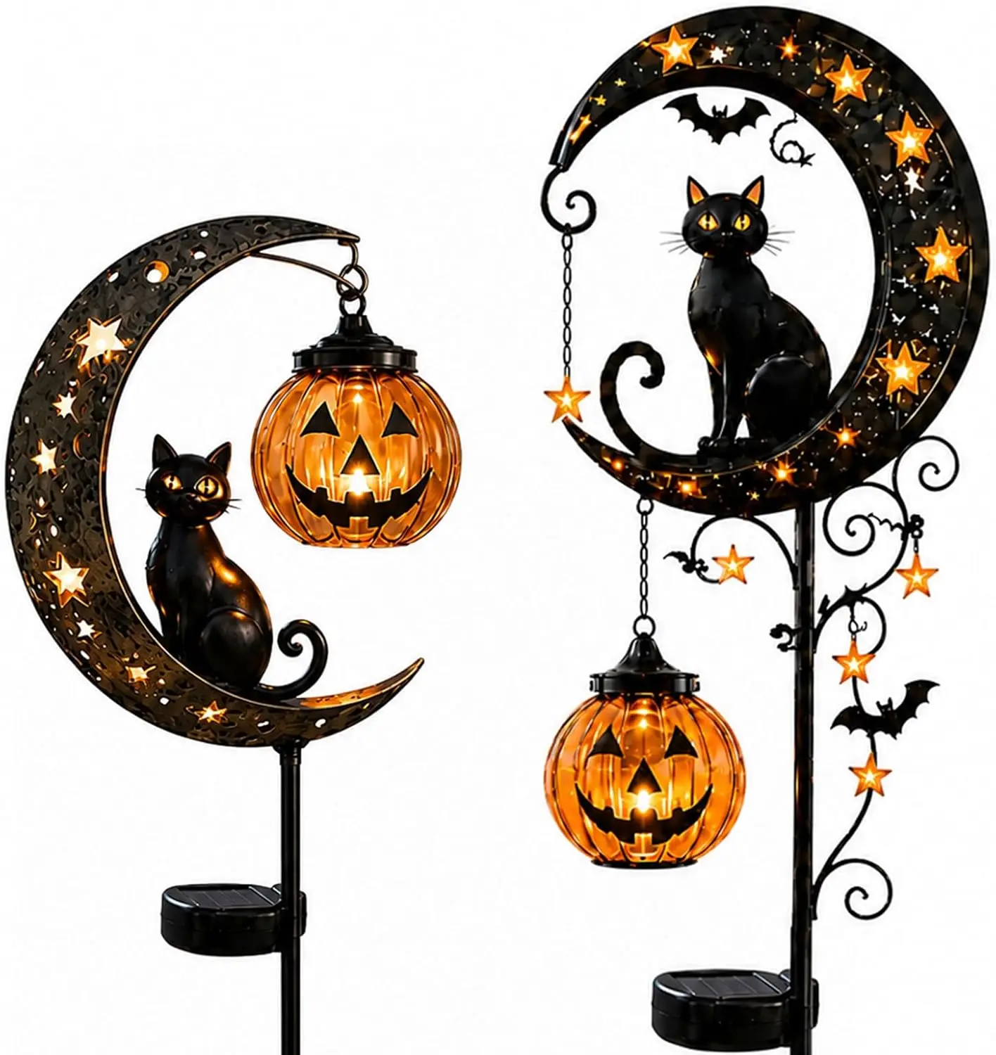 (A+B-2PCS) Solar Halloween Black Cat Moon Night Light, Garden Decorations with Pumpkin Lantern, Outdoor Lawn Stake Decor for Yard Pathway Patio