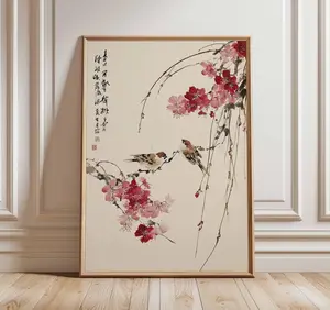 Cherry Blossom Wall Art, Japanese Bird Poster, Asian Style Print, Oriental Nature Artwork Unframed