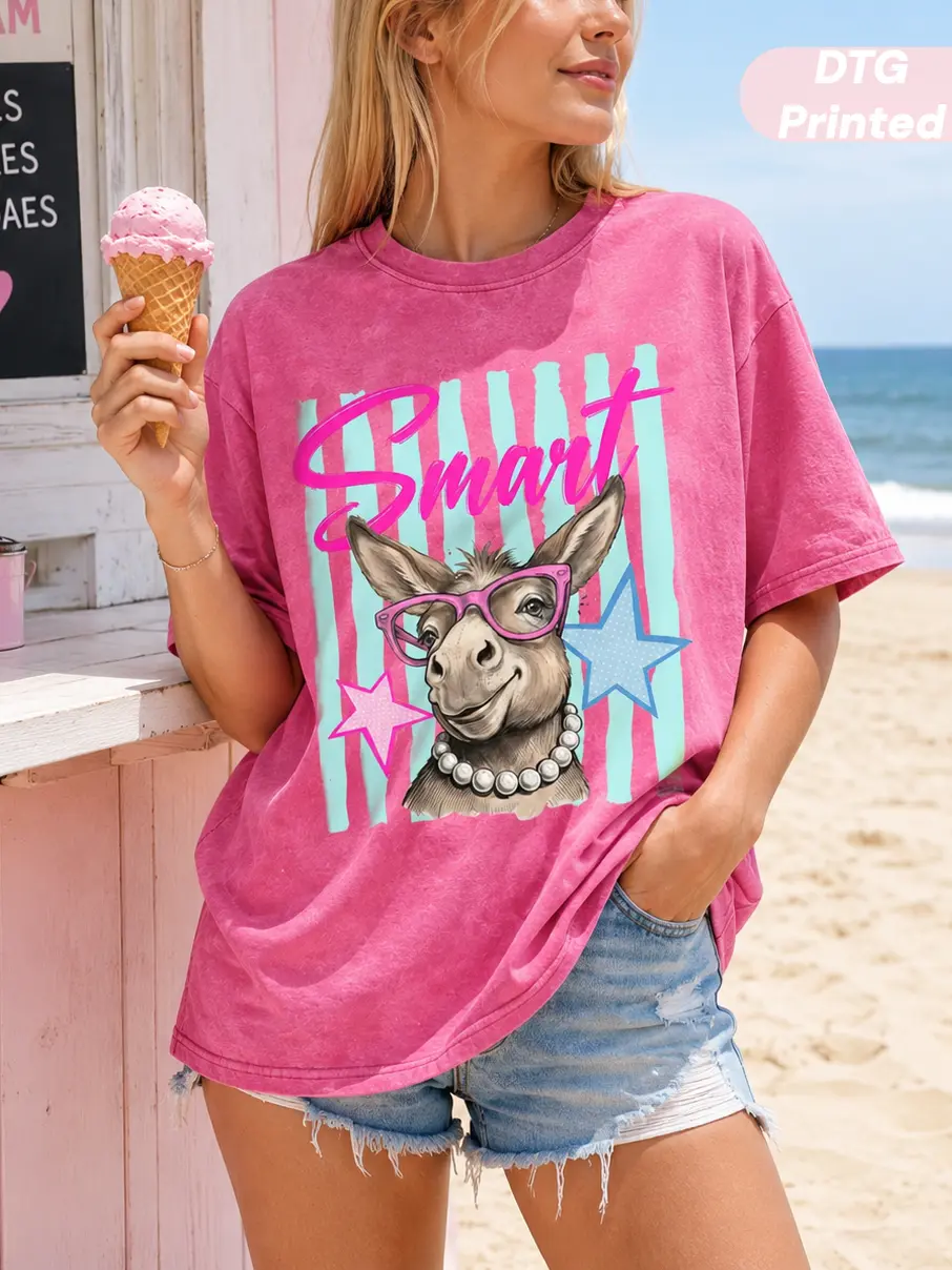 MUSEBEAU DTG Printed Smart Donkey T-Shirt, Funny Farm Animal Tee,Heavyweight 100% Cotton Retro Summer Coastal Preppy Stripes, Girly Kid Trendy Shirt,Vintage Washed Graphic T-Shirt Soft Breathable Loose-Fit Womenswear Short-Sleeve Menswear Top shirt