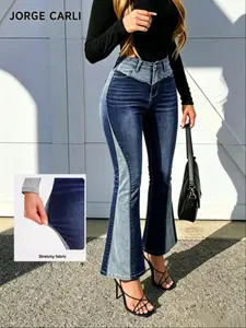 JORGE CARLI Women's Colorblock High Stretch Bell Bottom Jeans, Fashion Casual Denim, Comfortable and Stylish, Perfect for Everyday Wear