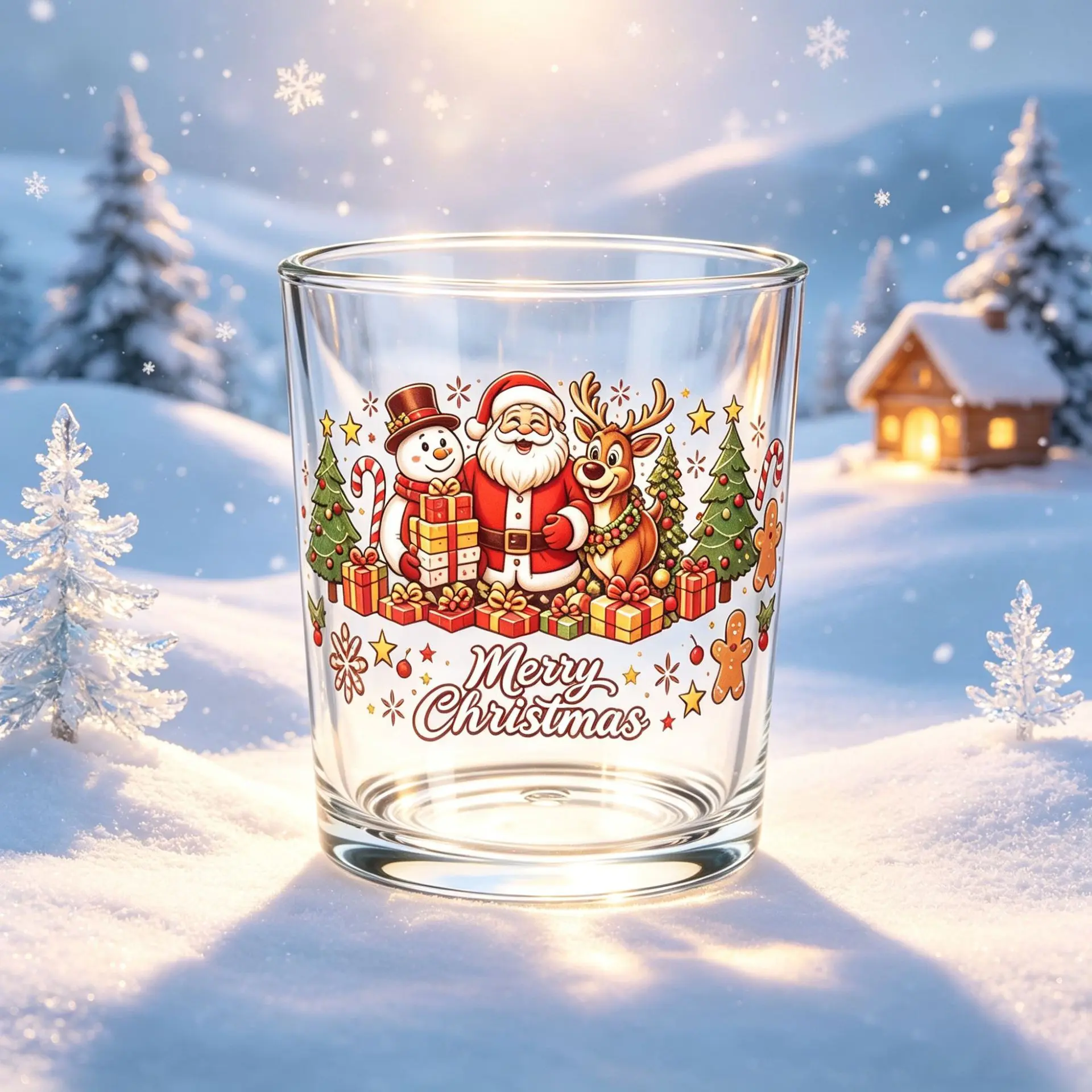 Merry Christmas Glass Tumbler with Santa Claus, Reindeer, and Snowman Design for Festive Celebrations