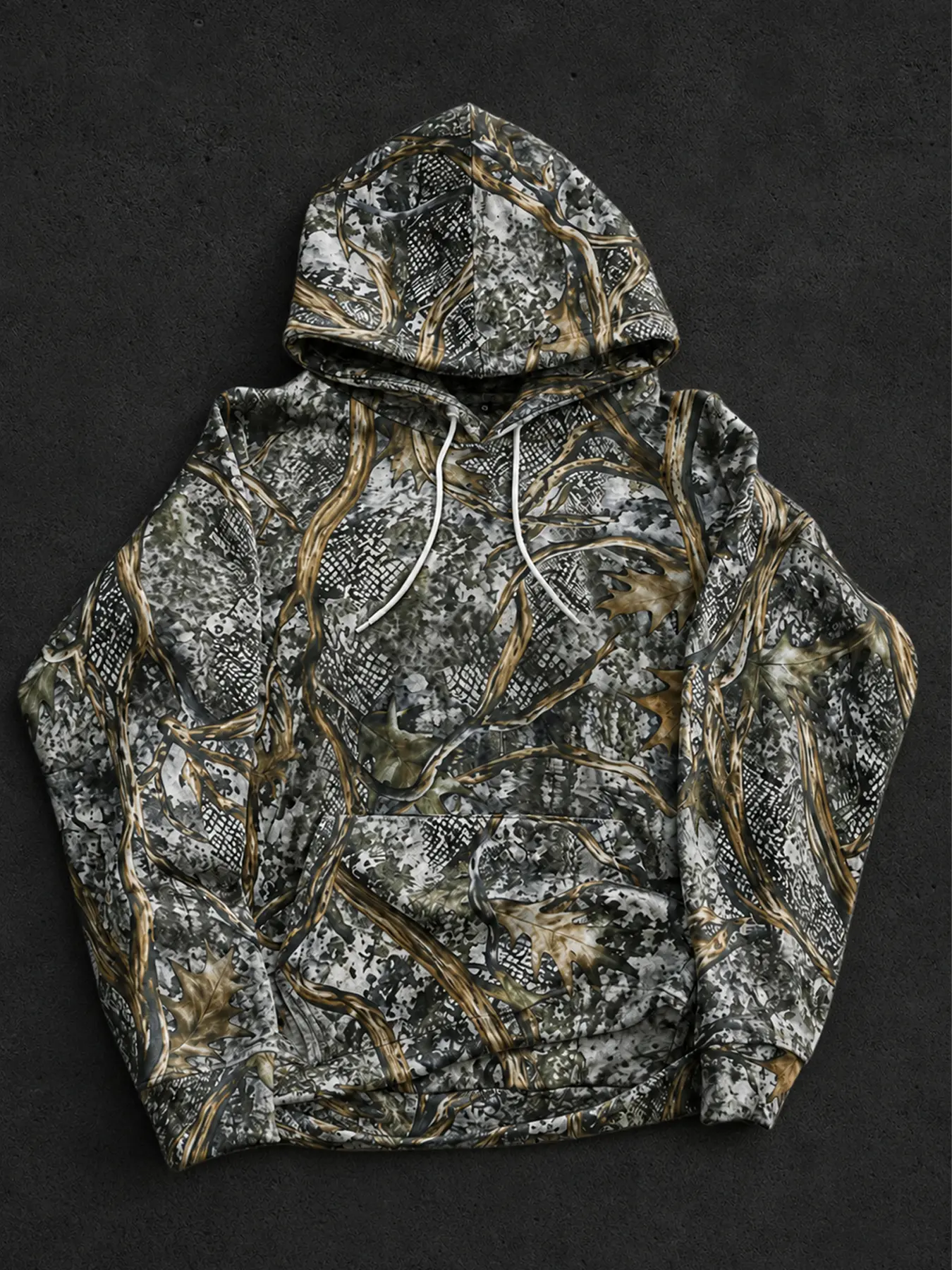 Men’s Woodland Camouflage Pullover Hoodie, all-over tree branch print hooded sweatshirt with drawstring and kangaroo pocket, long-sleeve casual outdoor streetwear top for hunting, hiking, and everyday wear