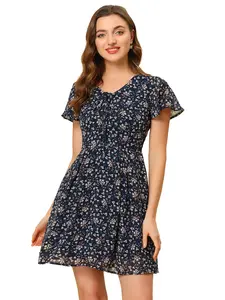 INSPIRE CHIC Floral Lace-up V-neck Flouncing Sleeve Chiffon A-line Dress