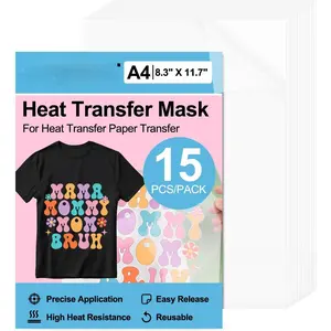Heat Transfer Mask for Heat Transfer Paper for T-Shirts 15 count, 8.3" X 11.7" Masking Film Clear Iron  Transfer Tape for HTV Printable Heat Transfer Vinyl, Heat Transfer Mask Sheets