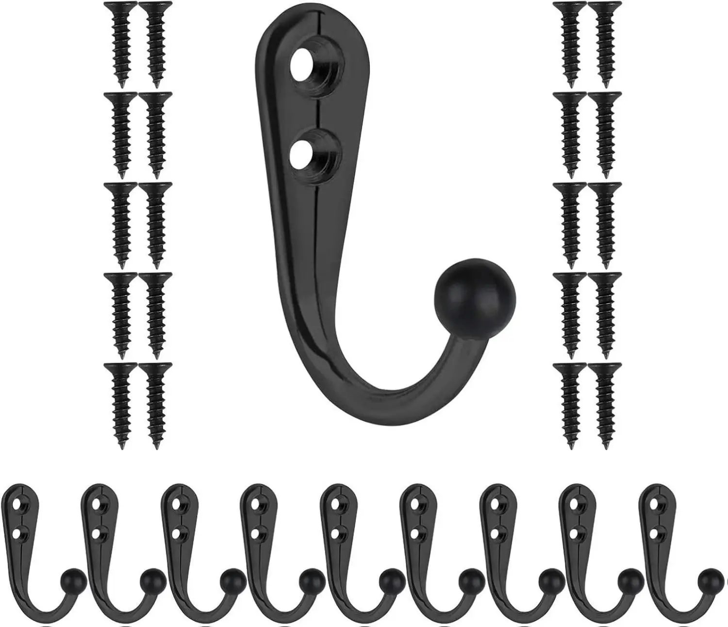 10-Piece Premium Black Heavy-Duty Metal Wall-Mount Hooks Organiser - Rust-Resistant, 1.73x1.18in, 20 Screws Included, Heavy-Duty Metal Resists Wear, Fits Kitchens, Bathrooms, Bedrooms Home Supplies