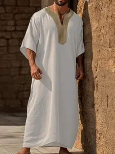 Men's Casual Ethnic Long Robe, Soft Woven Fabric, Small V Neck, Patchwork Embroidered Collar, Suitable for Outdoor Activities