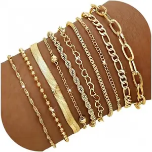 10 count Gold Bracelets Set for Women, 14K Gold Plated Stackable Cuban Link Paperclip Chain Bracelet Pack, Dainty Gold Bracelets Stack Jewelry Gift-USA