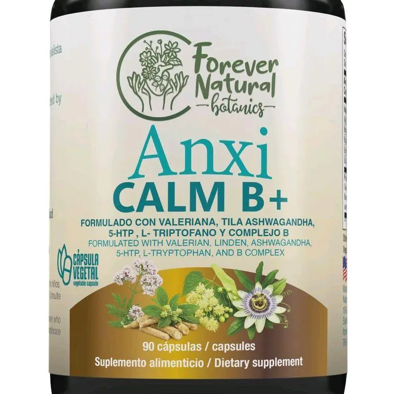 Anxi Calm B+ Natural Healthcare Dietary Vitamin Supplements - 90 Vegan Capsules with Valerian Root, Lindenflower, Ashwagandha, 5HTP, L-Tryptophan, B Complex for Anxiety Relief, Stress Support