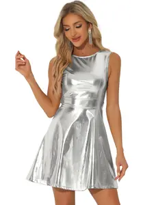 INSPIRE CHIC Metallic Sleeveless High Waist Club Party Disco Holographic Dress