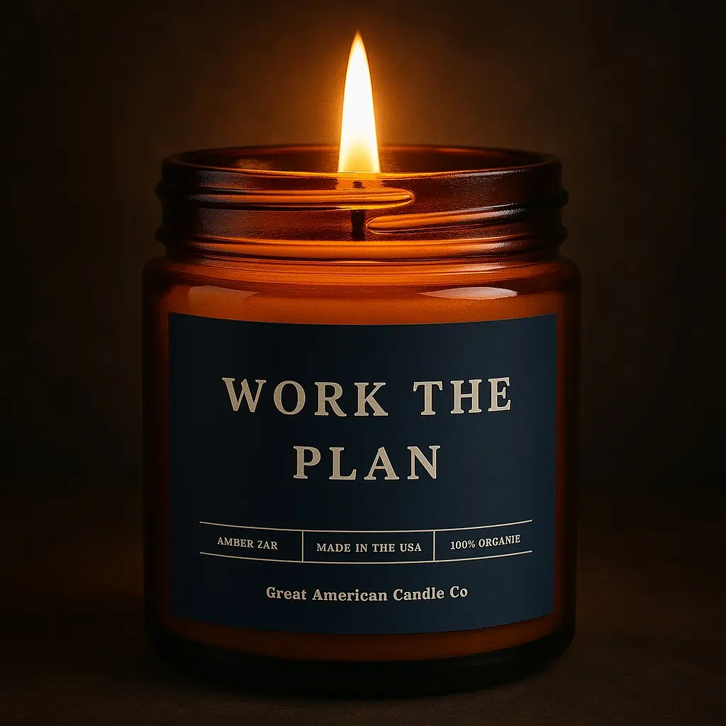 Work The Plan. Great American Candle Co. Amber Jar.  Hand Poured in USA Coconut Apricot Blend Vegan