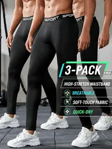 Men’s 3 Pack Compression Pants, Quick Dry High Stretch Athletic Base Layer Leggings, Breathable Performance Training Tights, Fitness Training Leggings for Gym Workouts, Running, Outdoor Training and Active Sports Wear
