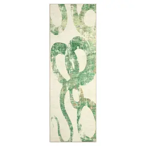 2 x 6 ft Polyester Cashmere Green Rectangular Hallway Bathroom Entryway Kitchen Office Foldable Geometric Abstract Modern Washable Area Rug